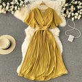French pleated silmlong holiday style chiffon pleated long skirt pure colorelegantv necknew arrivalfrenchdress