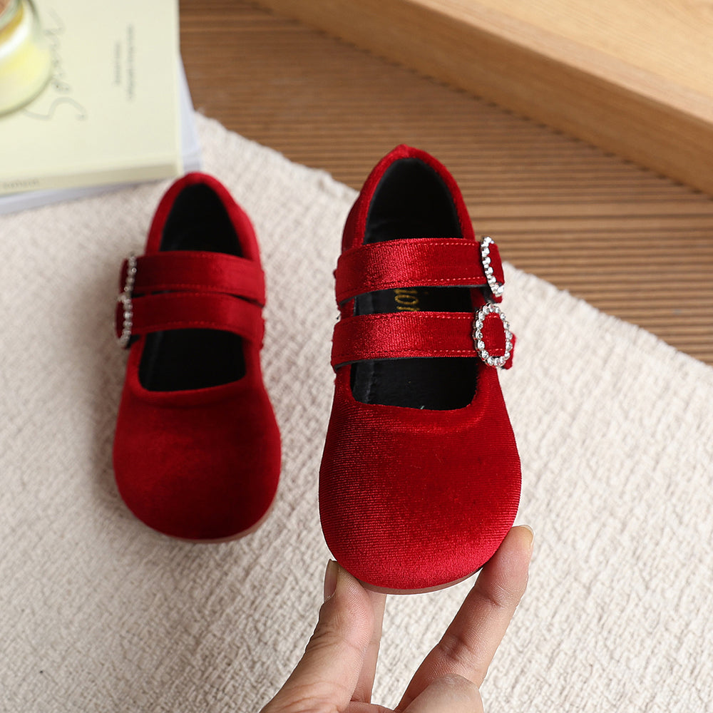 Vancahao girls' velvet princess shoes, new spring  collection: kids' double-row velcro moccasins, soft sole flats