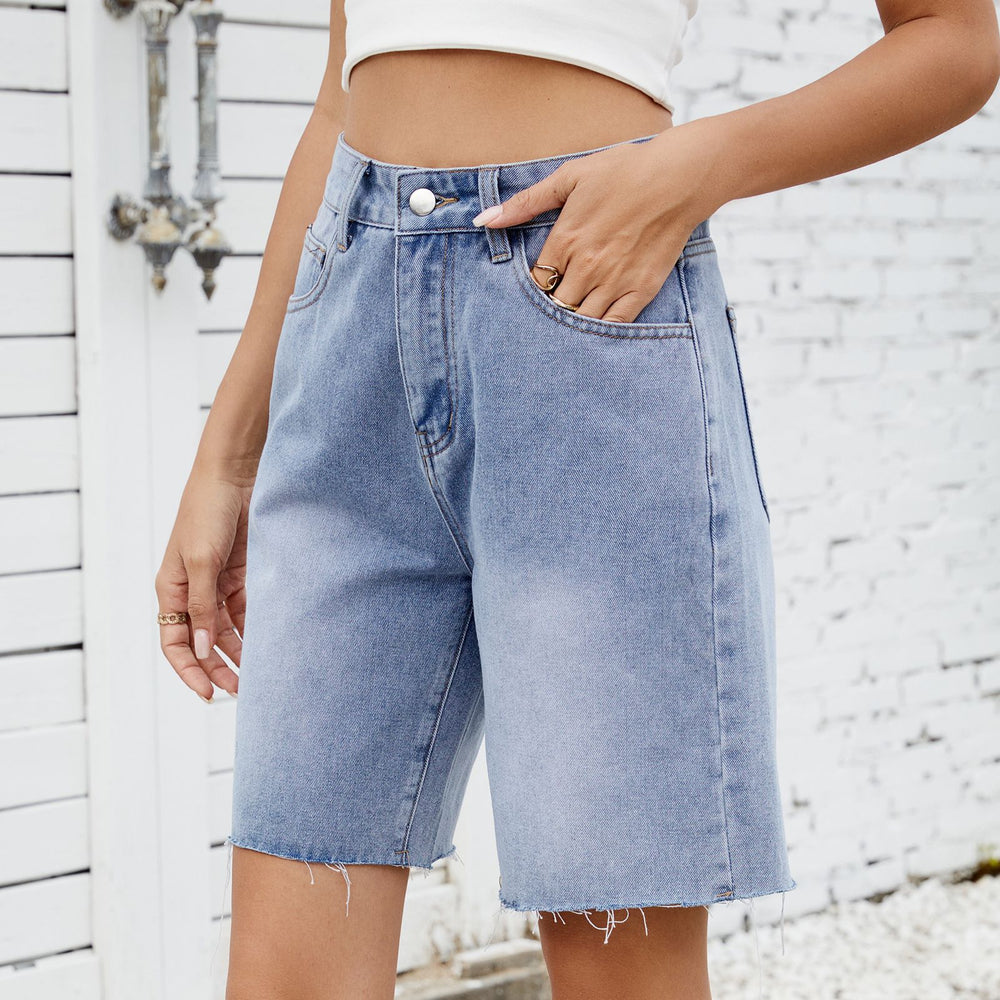 Fashion cross-border foreign trade summer new  independent station washed straight-leg casual hemmed denim shorts women's fashion