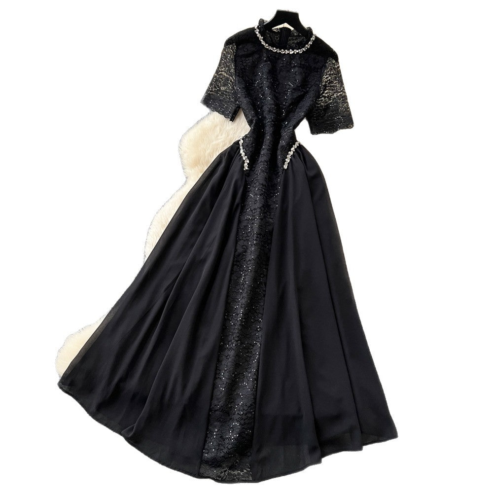 French style lace embroidery a-line dress - women's summer short sleeve high waist slimming elegant maxi dress