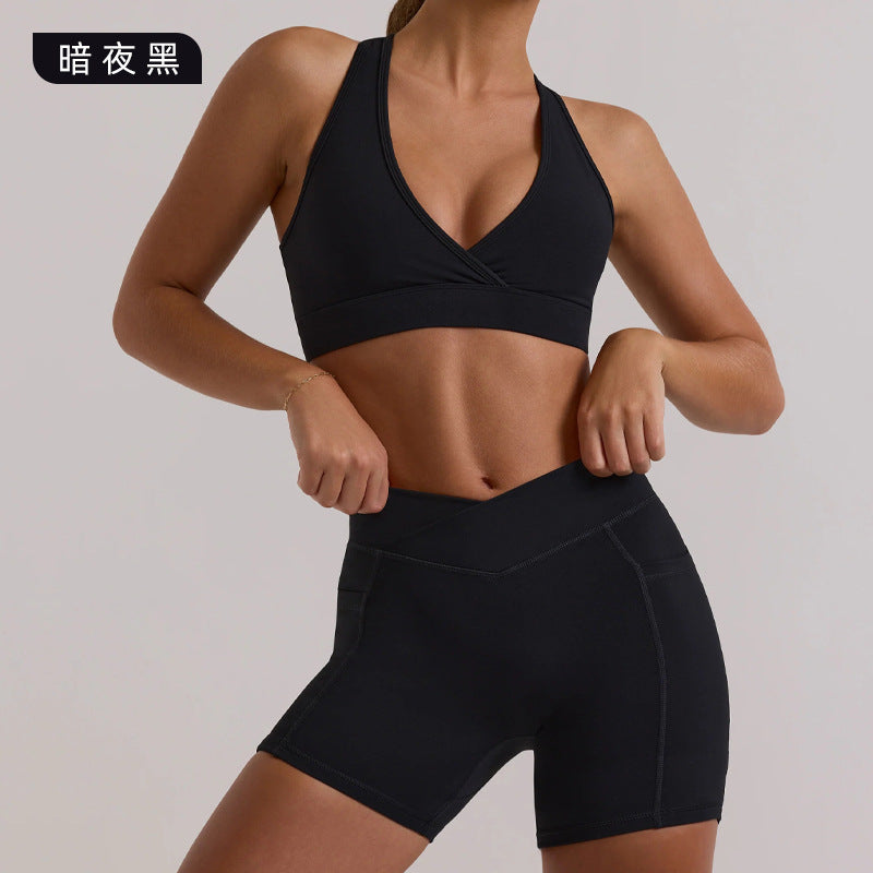 High-waisted, back-smoothing, butt-lifting pilates, fitness, running, halter neck sports bra top and shorts yoga set for women