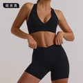 High-waisted, back-smoothing, butt-lifting pilates, fitness, running, halter neck sports bra top and shorts yoga set for women