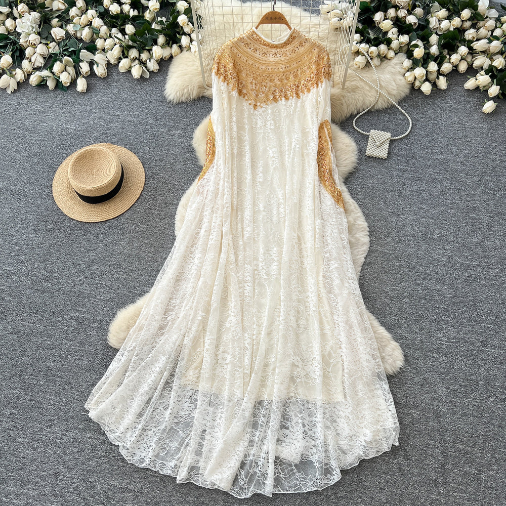 Classy sense outer wear heavy work embroidered beads sequinlacedress women's autum light mature style elegant large version skirt blouse skirt