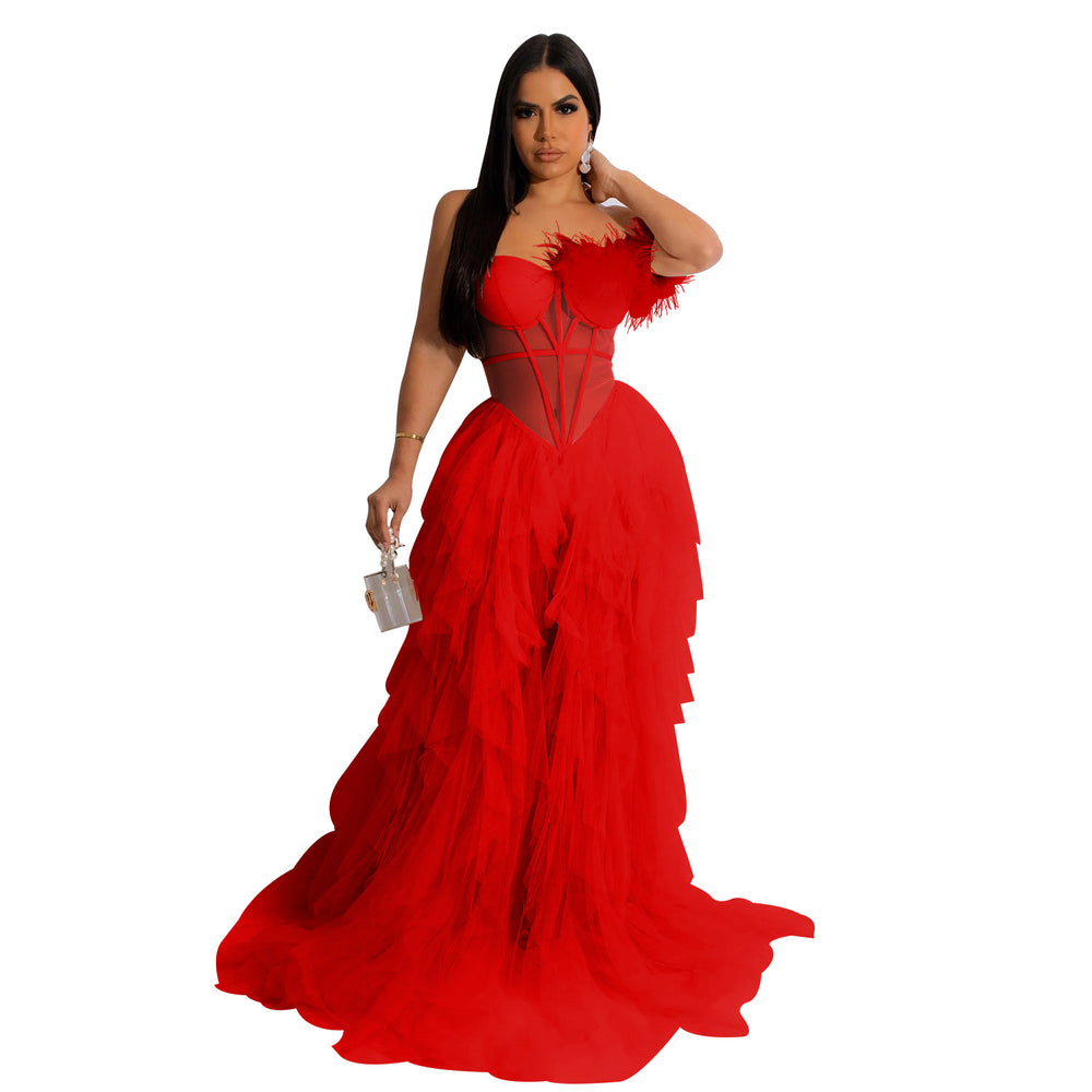 X6223 cross-border   fashion women's solid color sleeveless bandeau mesh maxi dress