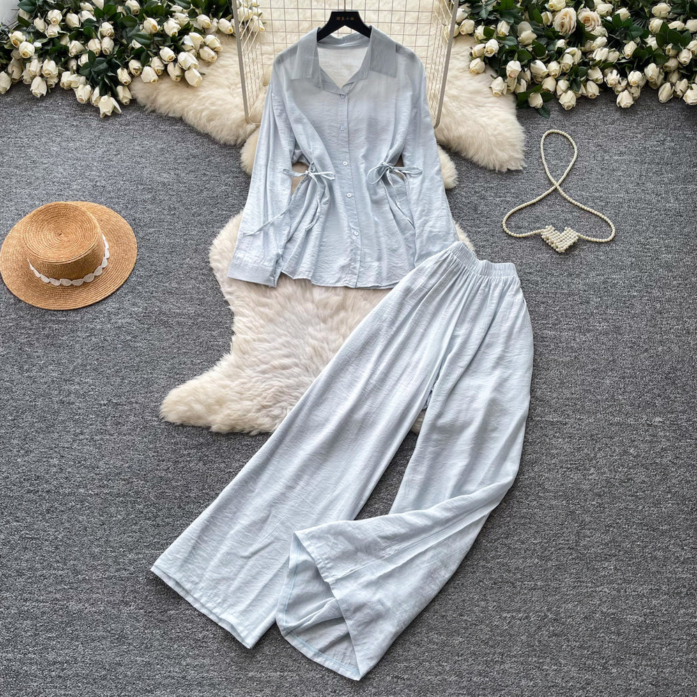 Lazy style pink shirt loose pantstwo-piece set female spring autum light mature waist tie backfashionableelegantsuit