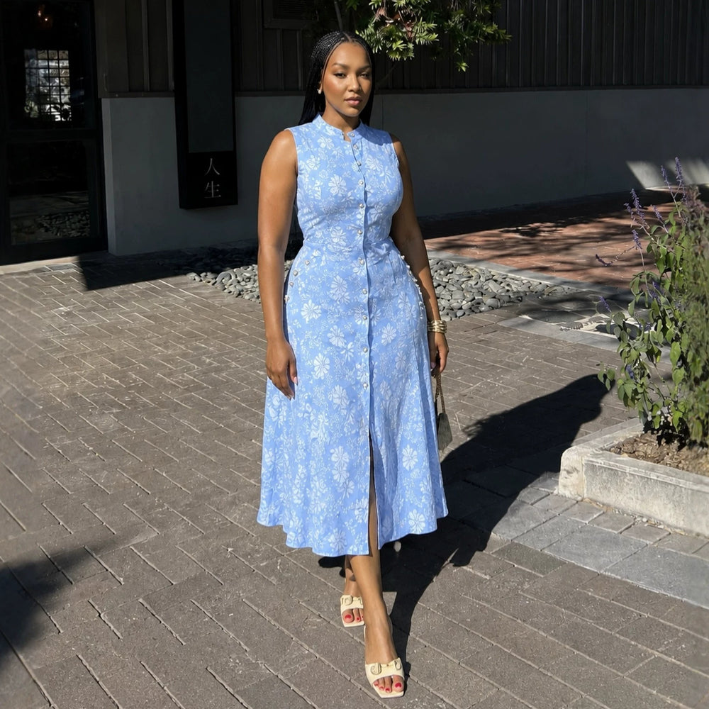 European and american cross-border women's fashion:  summer new arrival - elegant blue floral slim-fit sleeveless slit dress