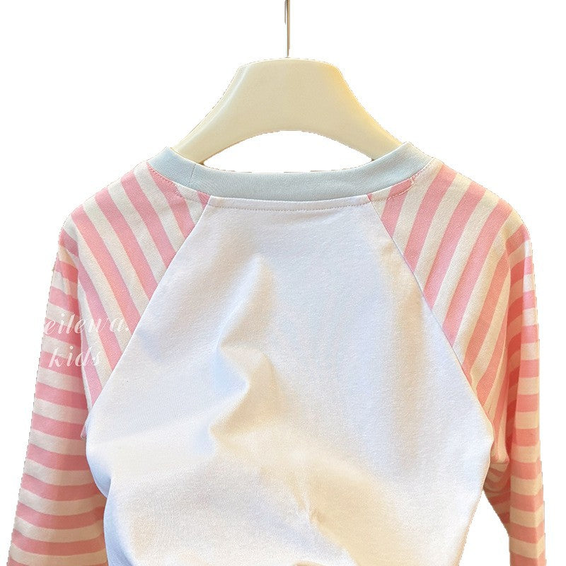 New spring/autumn girls' pink cartoon kitten striped base layer sweatshirt, casual cute long-sleeve t-shirt for baby girls, children's clothing