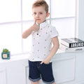 Boys' summer outfit set: polo shirt with anchor print, short-sleeve turn-down collar tee, and two-tone denim shorts - trendy kids' style