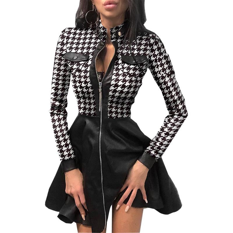 fall/winter new arrival: cross-border women's fashion dress - bestselling european & american style leather patchwork bodycon dress