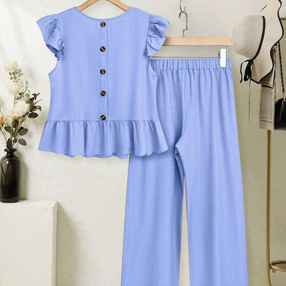 European and american cross-border women's short-sleeve set:  summer new arrival - stylish flutter sleeve top and wide-leg pants two-piece set