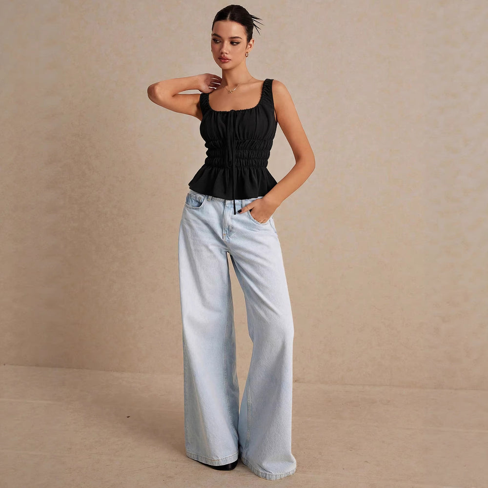 European and american style sweet square neck drawstring ruched camisole top - women's slimming, figure-flattering, ruffle hem, open back top