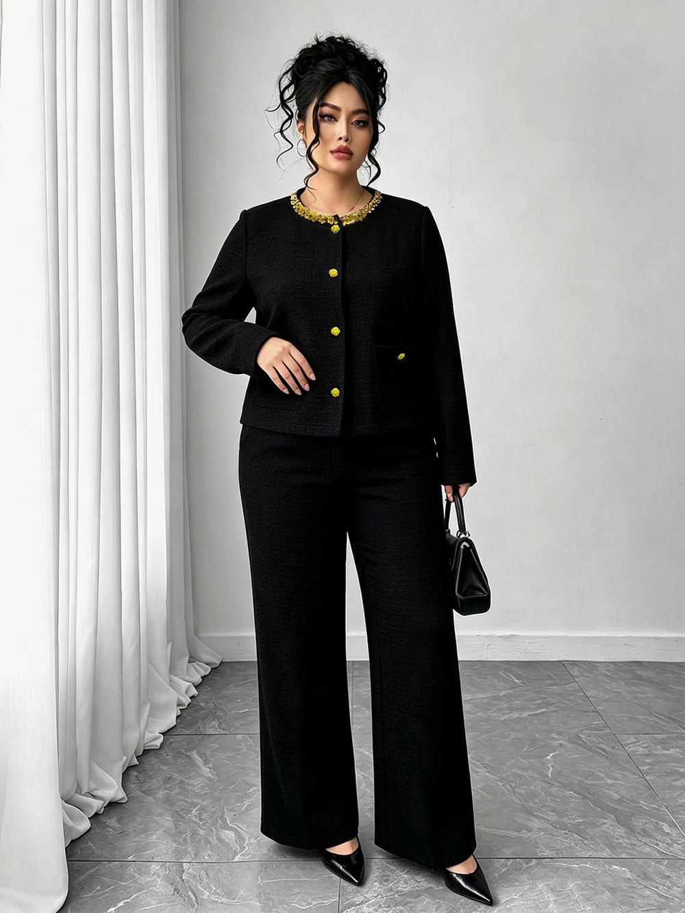 Exportfashion socialite style plus size suit beaded round neck single-breasted short topsloosehigh waist wide leg pants