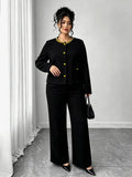 Exportfashion socialite style plus size suit beaded round neck single-breasted short topsloosehigh waist wide leg pants