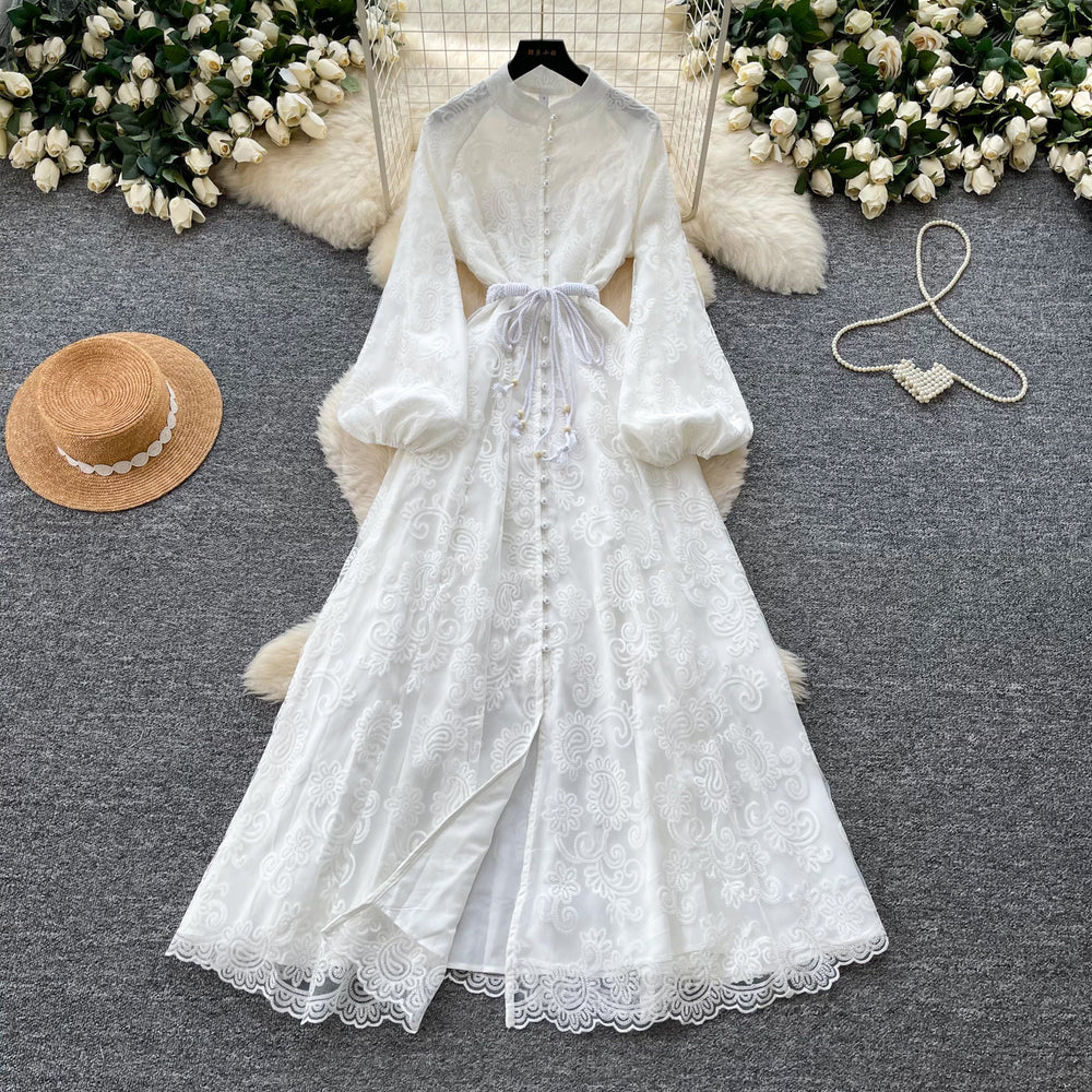French romantic stand collar lantern sleeve lace dress - women's summer slimming a-line maxi dress - elegant and chic