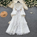 French romantic stand collar lantern sleeve lace dress - women's summer slimming a-line maxi dress - elegant and chic