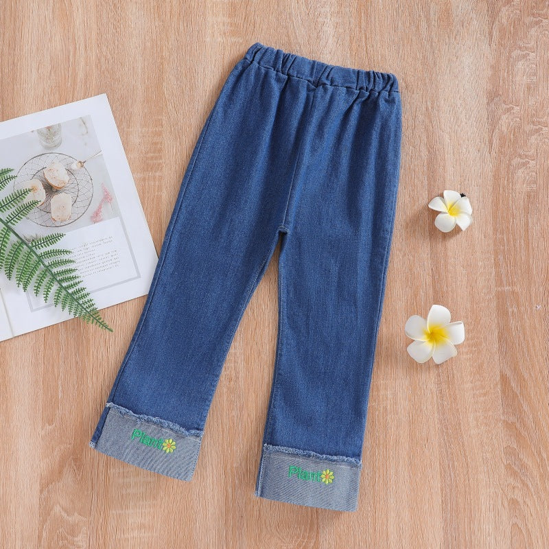 spring/autumn girls' casual embroidered denim fashion pants - korean style, trendy cartoon jeans for toddlers and children