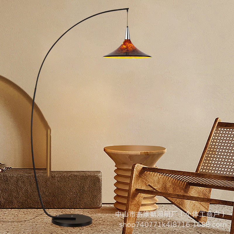 Black curved fishing floor lamp caramel gradient tapered handmade glass sofa wabi-sabi cream style living room study