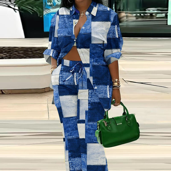 P1LPU3646C European and American large-size women's clothing imitation denim printing commuter leisure set (2-piece set)
