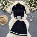 Summernew arrivaleasiest for matchknitting shirttwo-piece setfemaleretrocontrast color short-sleeved tops+high waistpleated skirt