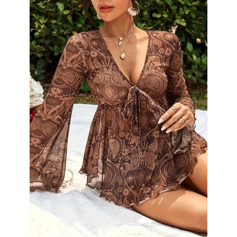 Shipped: new european and american cross-border versatile mesh print deep v-neck slim-fit long sleeve top - ideal for independent e-commerce stores