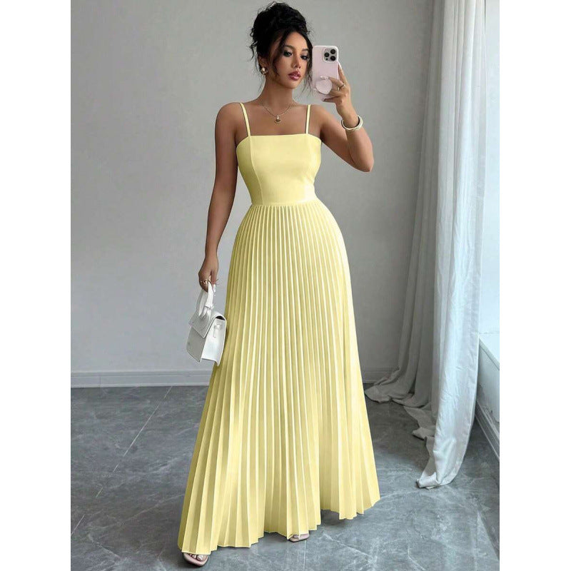 Amazon european goods summer fashion elegant solid color pleated waist-defining long slip dress