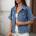 Fashion cross-border foreign trade  new style washed american hot girl  fringed hem short-sleeved denim outwear trendy