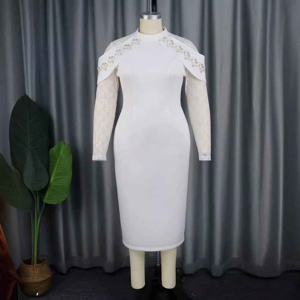 European and american design round neck party dress - lace trim long sleeve bodycon mini dress - bridesmaid dress