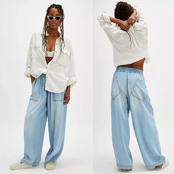 European and American  new fashion drape washed straight loose casual jeans trousers women