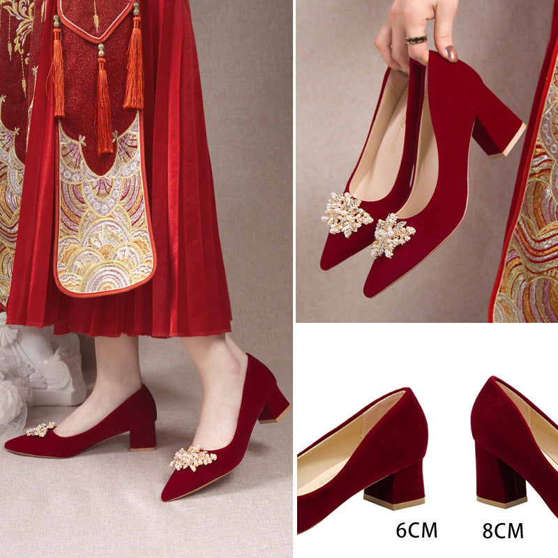 Autum wedding shoes for women with thick heels 6 new bride chinoiserie red fleece-lined xiuhe wedding dress two-wear high heels tiring feet
