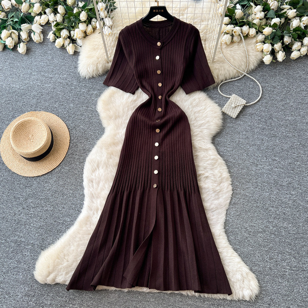 Korean style commute hollow-out green a-line dress - women's summer short sleeve high-waisted button-down elegant knit dress