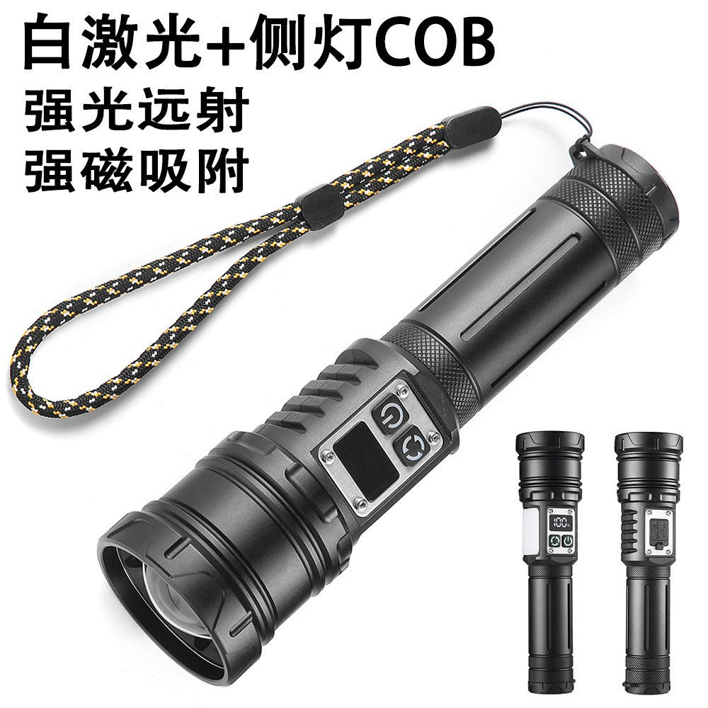 Cross-border new telescopic zoom white laser + COB strong light flashlight, outdoor long-range strong magnetic LED flashlight