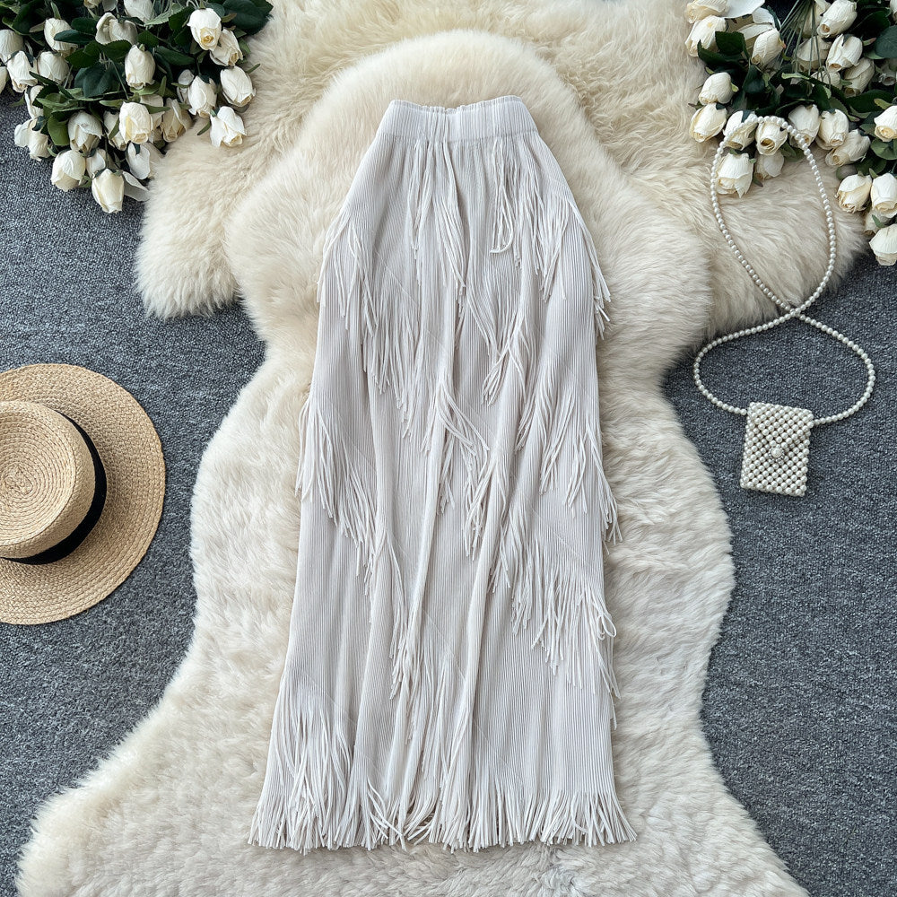 Korean style tassel trim a-line midi skirt - women's 2026 summer high-waisted commute chic tassel skirt