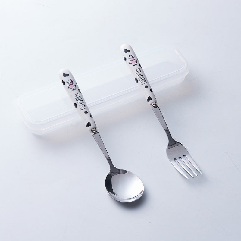 Portable storage cutlery set - cute cow design stainless steel children's dinnerware set: fork, spoon, and chopsticks