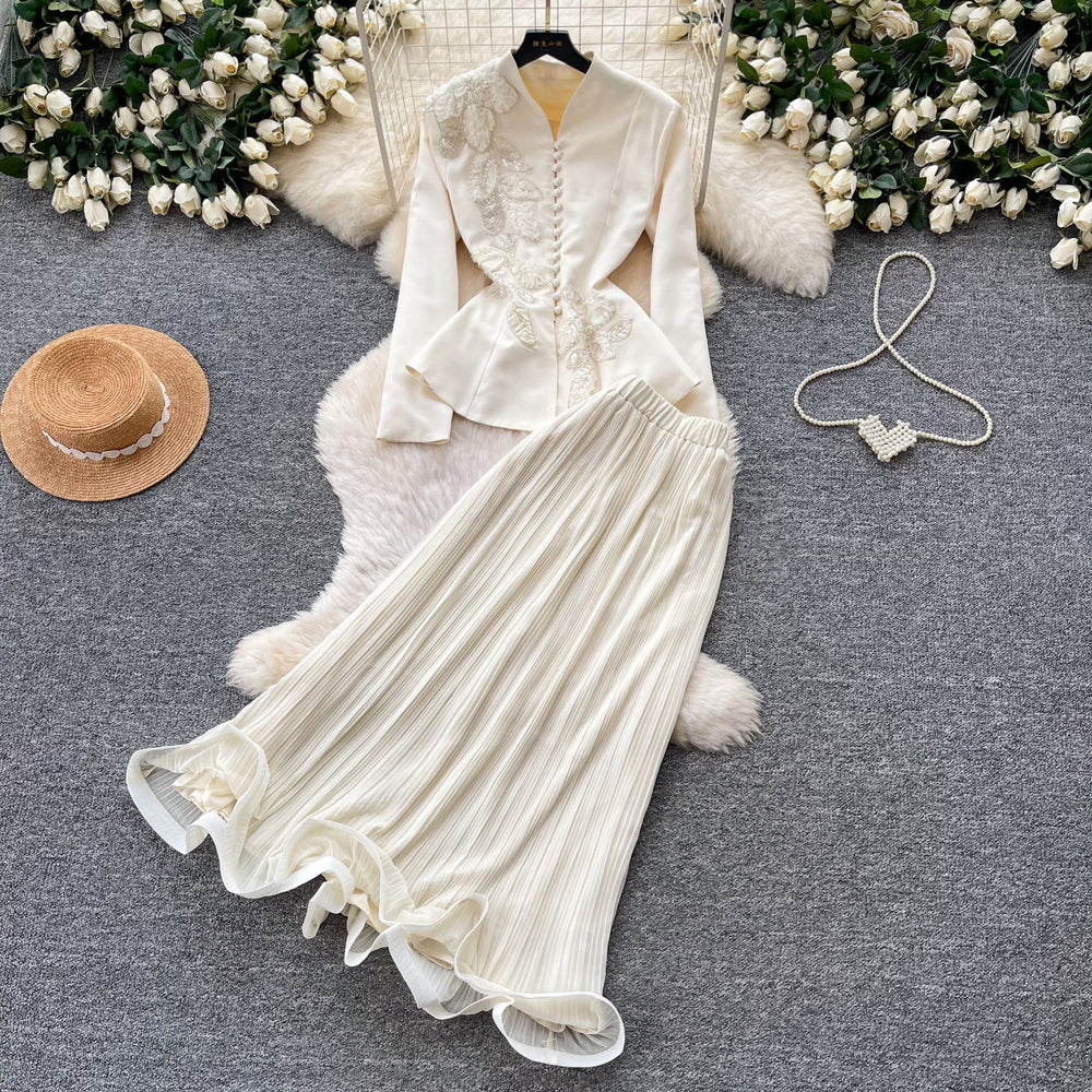 French chic v-neck embroidered jacket & high-waisted pleated skirt set - autumn collection, exquisite craftsmanship, effortless elegance