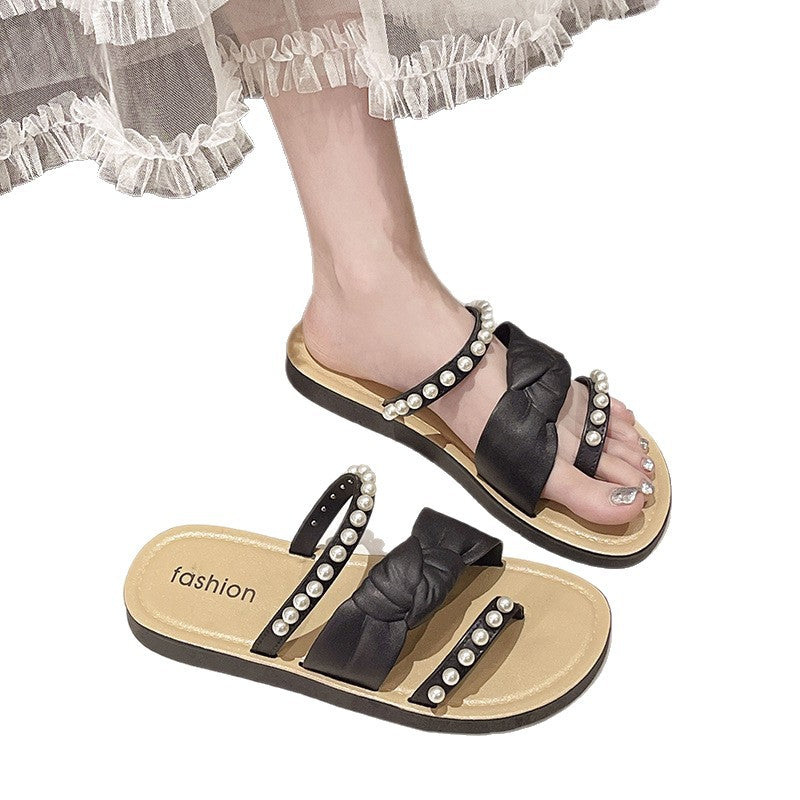 2025 beach new pearl french style sandals women's outdoor wear fairy style summer fashion versatile one-strap slippers women