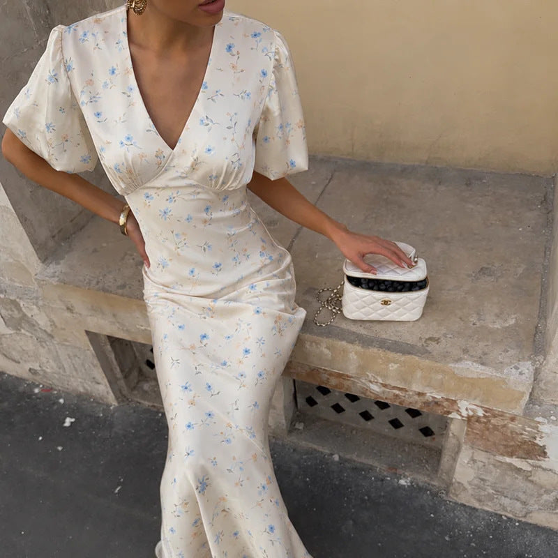 summer new women's fashion: european and american style cross-border dress - trendy printed v-neck bodycon maxi dress