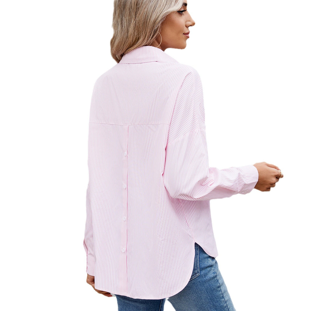 Fashion cross-border women's clothing new arrival   casualloose one-row button long sleevesstripesshirttops trendy