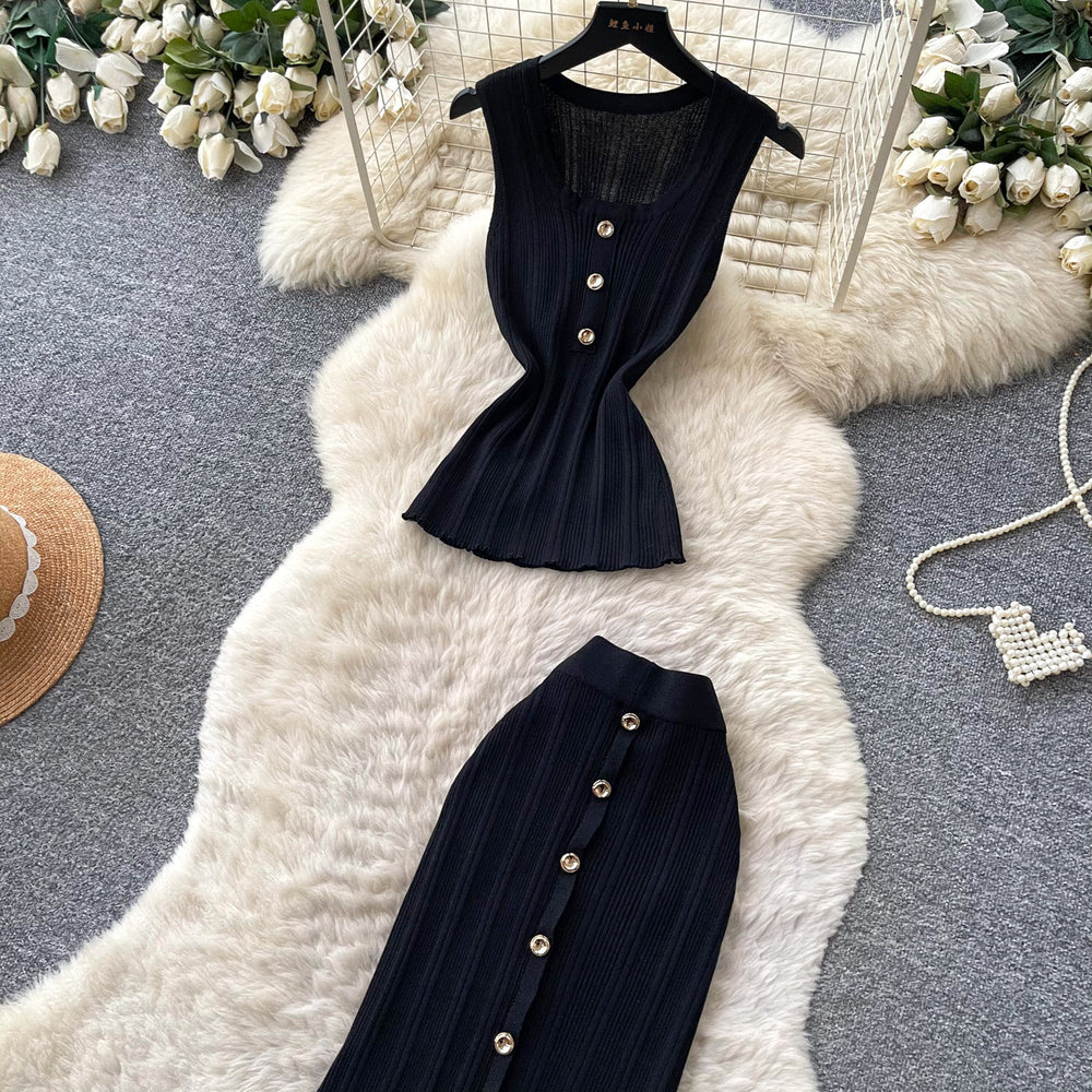 French work clothing style sleeveless knittingtwo-piece set female summer light mature style silm metal breasted classysuit