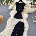 French work clothing style sleeveless knittingtwo-piece set female summer light mature style silm metal breasted classysuit