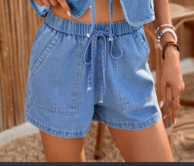 fashionsummernew arrival   washed casual sleeveless tie back vest denim suit shorts for women