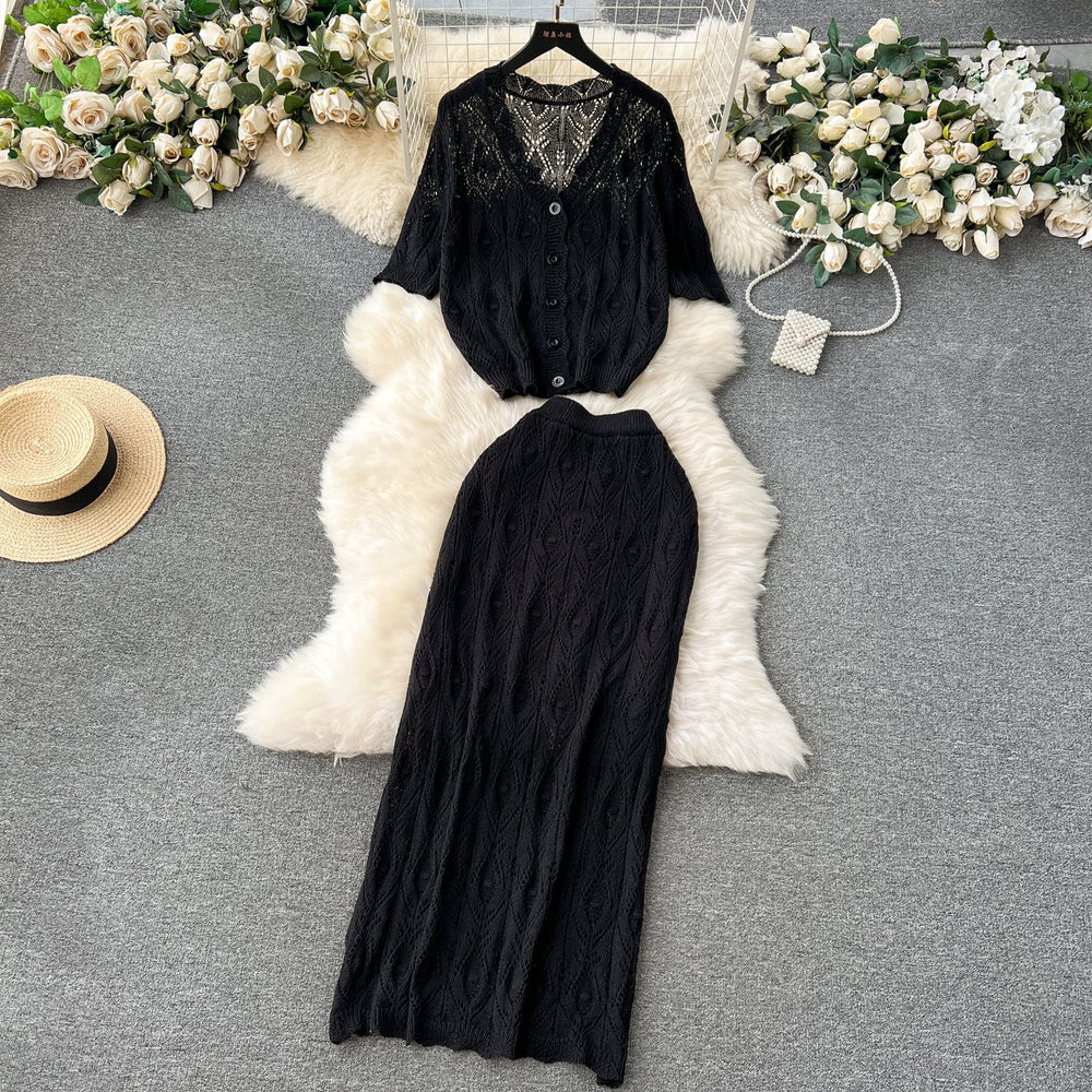 Korean style minimalist effortless outfit: knitted cardigan & high-waisted midi skirt set - trendy two-piece fashion