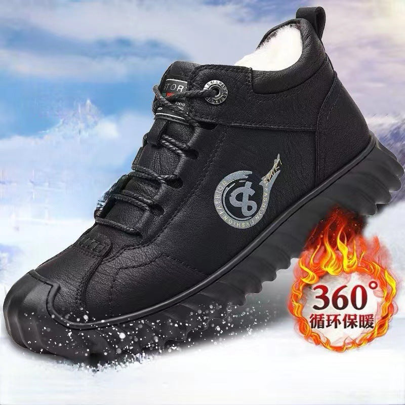 Men's winter warm cotton shoes - fleece lined, non-slip, casual high-top cotton shoes for men, elderly cotton shoes, men's leather cotton shoes for seniors