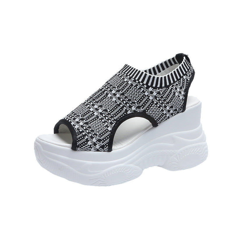 Popular summer new knitted fish mouth shoes fairy style muffin bottom high heel flying woven wedge heel thick sole sports women's sandals