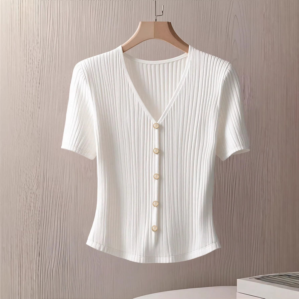 european and american cross-border e-commerce new v-neck knitted short-sleeve shirt solid color loose-fit base layer summer top