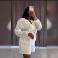 European and american cross-border women's fashion  spring new arrival: solid color long sleeve v-neck top and waist-cinching shorts casual two-piece set