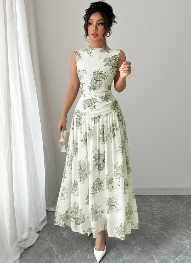 european and american cross-border new arrival: elegant round neck sleeveless maxi dress - trendy vacation style with floral print and cinched waist