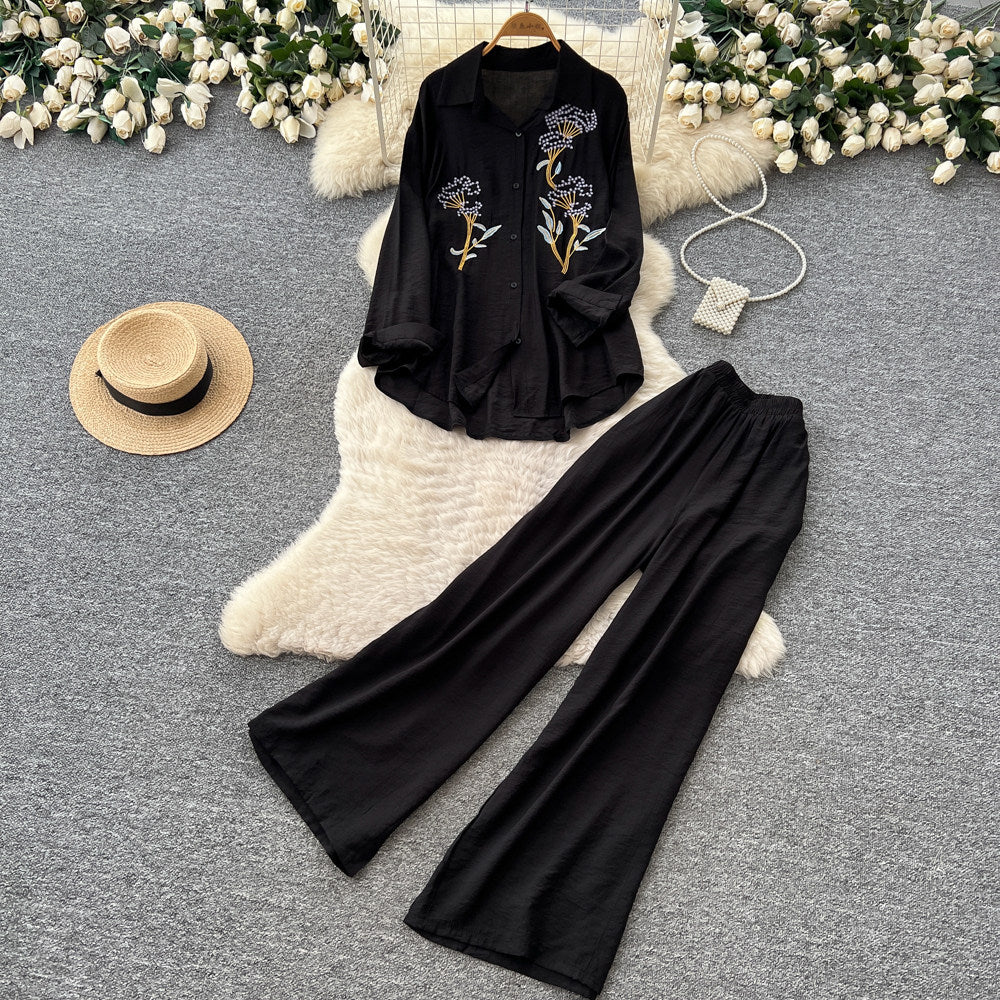 export lazy style embroidered long-sleeve shirt and wide-leg pants two-piece set - women's spring/autumn commute chic fashion outfit