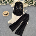 export lazy style embroidered long-sleeve shirt and wide-leg pants two-piece set - women's spring/autumn commute chic fashion outfit