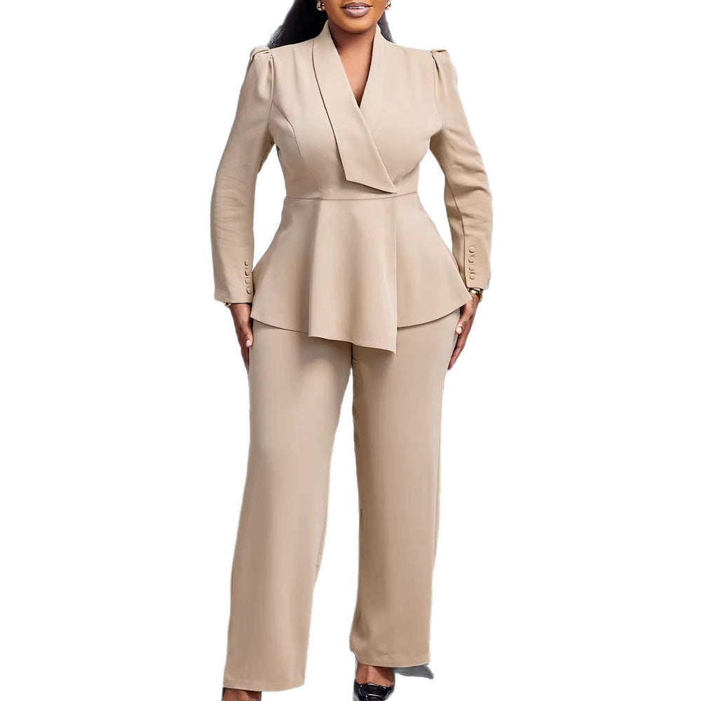 D549  women's  fall/winter new fashion suit collar long sleeve top & wide leg pants two-piece set