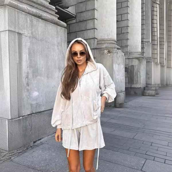 New  European and American women's clothing street fashion long-sleeved hooded lace-up sports cardigan shorts two-piece suit women